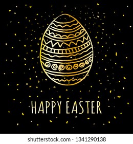 Happy Easter greeting card with golden hand drawn decorated easter egg with glitter and sparkling on black background with text Happy Easter, vector eps 10