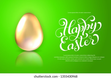 Happy Easter greeting card. Golden egg with reflection and lettering on  green background. Template for a banner, poster, shopping, discount, invitation. Vector illustration for your design  