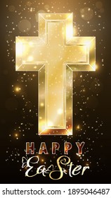 Happy Easter greeting card with golden catholic christian cross, vector illustration