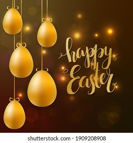 Feliz tarjeta de felicitación de Pascua. Huevos de oro y frase Feliz Pascua con un fondo oscuro. Ilustración vectorial.