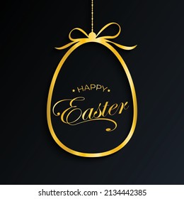 Happy Easter greeting card with golden easter egg and holiday wishes on black background. Vector illustration.