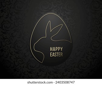 Happy Easter greeting card with golden line egg shape frame, Easter rabbit silhouette. Easter Bunny logo. Black floral pattern background and gold Happy Easter text. Minimalistic modern banner