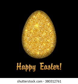 Happy Easter greeting card with golden egg. Vector illustration of spring holiday gold background. 