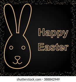 Happy Easter Greeting card. Golden Easter rabbit on black background. Vector illustration.