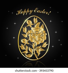 Happy Easter greeting card. Golden floral pattern in shape of egg on dark background with stars. 
