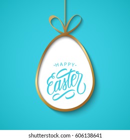 Happy Easter greeting card with golden easter egg and handwritten wishes on blue background. Vector illustration.