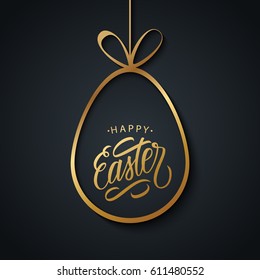 Happy Easter greeting card with golden easter egg and handwritten holiday wishes on black background. Vector illustration.