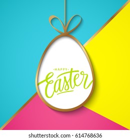 Happy Easter greeting card with golden easter egg and handwritten holiday wishes on color background. Vector illustration.