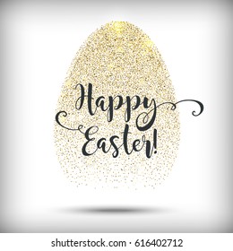 Happy Easter greeting card with golden glitter egg.