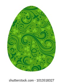 Happy Easter greeting card. Green swirls and clover leaves pattern egg vector illustration isolated over white.