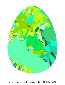 Happy Easter greeting card. Green paint splatter pattern egg vector illustration isolated over white.