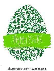 Happy Easter greeting card. Green swirly egg symbol and hand drawn lettering. Vector spring illustration.