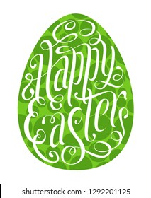 Happy Easter greeting card. Green egg symbol and hand drawn lettering vector spring illustration isolated over white.