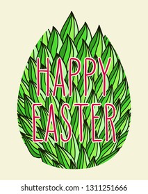 Happy Easter greeting card. Green leaves egg symbol and hand drawn lettering vector spring illustration.