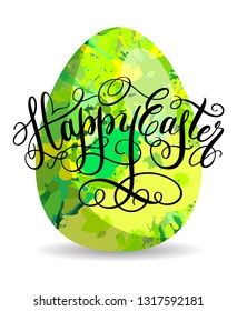 Happy Easter greeting card. Green egg symbol and hand drawn lettering vector spring illustration isolated over white.