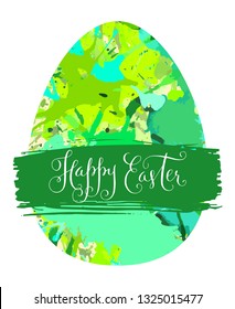 Happy Easter greeting card. Green egg symbol and hand drawn lettering vector spring illustration isolated over white.