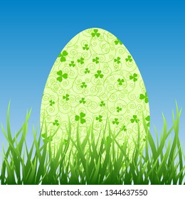 Happy Easter greeting card. Green egg symbol vector spring illustration. Lush grass, blue sky.