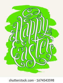 Happy Easter greeting card. Green egg symbol and hand drawn lettering vector spring illustration isolated over white.