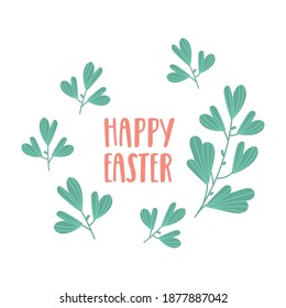 Happy Easter greeting card with green leaves and lettering. Egg shape composition with folk motifs. Vector illustration for card, invitation, poster, flyer etc.