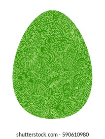 Happy Easter greeting card. Green egg with hand drawn floral pattern vector illustration isolated over white.