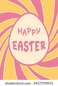 Tarjeta de felicitación de Pascua feliz con fondo estupendo. Marco en forma de huevo de Pascua. Ilustración vectorial en estilo retro