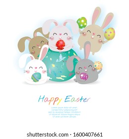 Happy Easter greeting card. group of Little Rabbit holding Easter eggs,  Rabbit Bunny Easter banner template isolated on Background