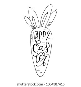 Happy Easter greeting card. Hand drawn carrot and handwritten text inside. The concept of Christian spring celebration congratulation. Black outline vector illustration isolated on white