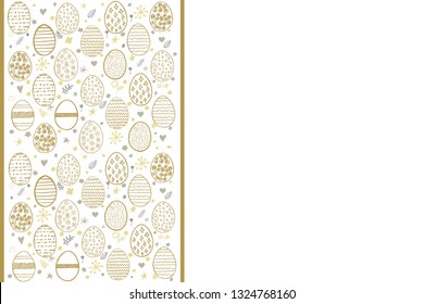 Happy Easter greeting card. Hand drawing eggs, stars, flowers and circles isolated on white background. Vector illustration.