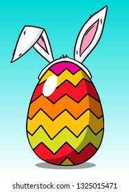 Happy Easter greeting card. Hand drawn chevron pattern egg with bunny ears vector holiday illustration.