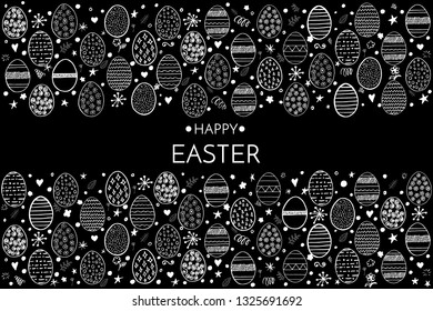 Happy Easter greeting card. Hand drawing eggs, stars, flowers and circles isolated on black background. Vector illustration.