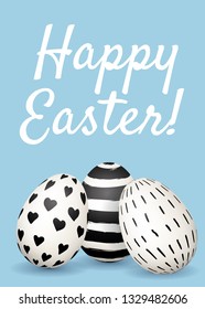 Happy Easter greeting card. Hand drawn Easter eggs with black and white ink pattern on blue background