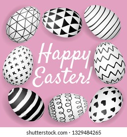Happy Easter greeting card. Hand drawn Easter eggs with black and white ink pattern on pink background