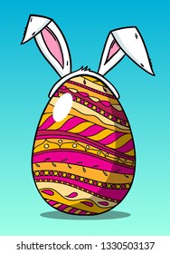 Happy Easter greeting card. Hand drawn bright ornated pattern egg with bunny ears vector holiday illustration.