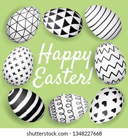 Happy Easter greeting card. Hand drawn Easter eggs with black and white ink pattern on green background