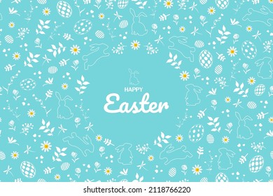 Happy Easter greeting card with hand drawn flowers,easter eggs and rabbits on blue background,vector illustration