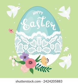 Happy Easter greeting card with hand lettering,flowers,birds.Background with floral composition,decorative egg and cute animal.Pastel green,pink,blue and white colors.Print on fabric and paper.