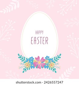 Tarjeta de felicitación de Pascua feliz con flores y plantas de primavera dibujadas a mano