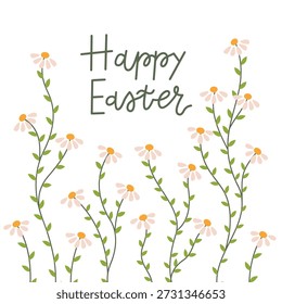 Happy Easter greeting card with hand drawn daisy flowers on white background