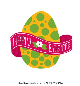 Happy Easter greeting card. Hand Drawn lettering with big egg. Lettering on a ribbon wrapped around the egg.
