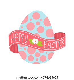 Happy Easter greeting card. Hand Drawn lettering with big egg. Lettering on a ribbon wrapped around the egg.