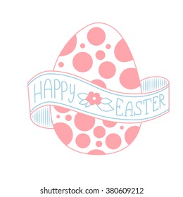 Happy Easter greeting card. Hand Drawn lettering with big egg. Lettering on a ribbon wrapped around the egg.