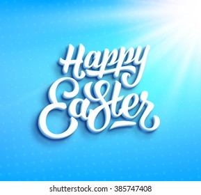 Happy Easter greeting card with hand lettering. Typographic backdrop with paper label design and light rays on blurred blue vector background