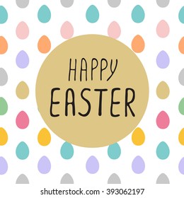 Happy Easter greeting card with hand drawn lettering, design vector illustration, holiday symbol. Seamless border of easter eggs.