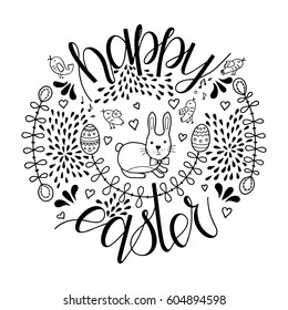 Happy Easter greeting card, hand drawn lettering. Vector illustration.