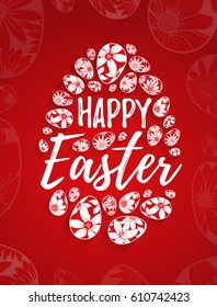 Happy Easter greeting card with hand drawn lettering and white eggs with floral elements on red background