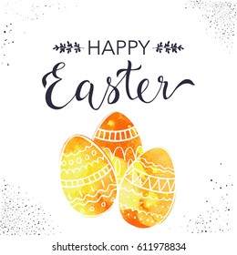 Happy Easter greeting card with hand drawn lettering and doodle eggs.