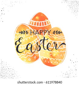 Happy Easter greeting card with hand drawn lettering and doodle eggs.