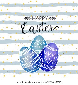 Happy Easter greeting card with hand drawn doodle eggs and lettering.