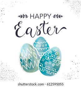 Happy Easter greeting card with hand drawn doodle eggs and lettering.