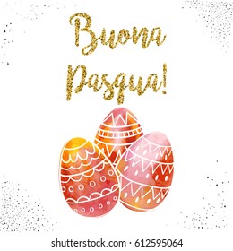 Happy Easter greeting card with hand drawn doodle eggs and lettering. Buona Pasqua in Italian.